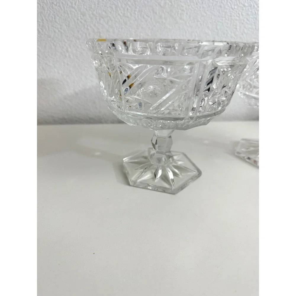 Vintage Pressed Glass Compote Bowls Set of 2 Starburst Diamond Cut Pedestal Dish